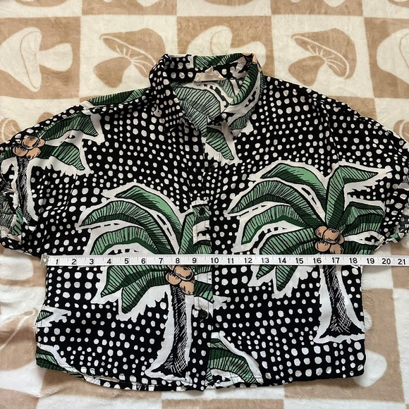 Palm Tree Print Summer Vacation Button Down Short Sleeve Shirt Black Size S - Picture 5 of 8